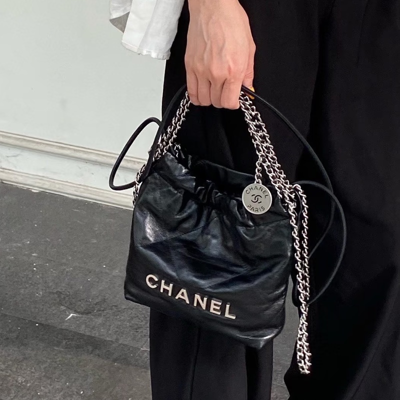 熱門瘋搶款😍99新🆕Chanel香奈兒黑銀迷你22bag mini垃圾袋單肩斜挎包-1
