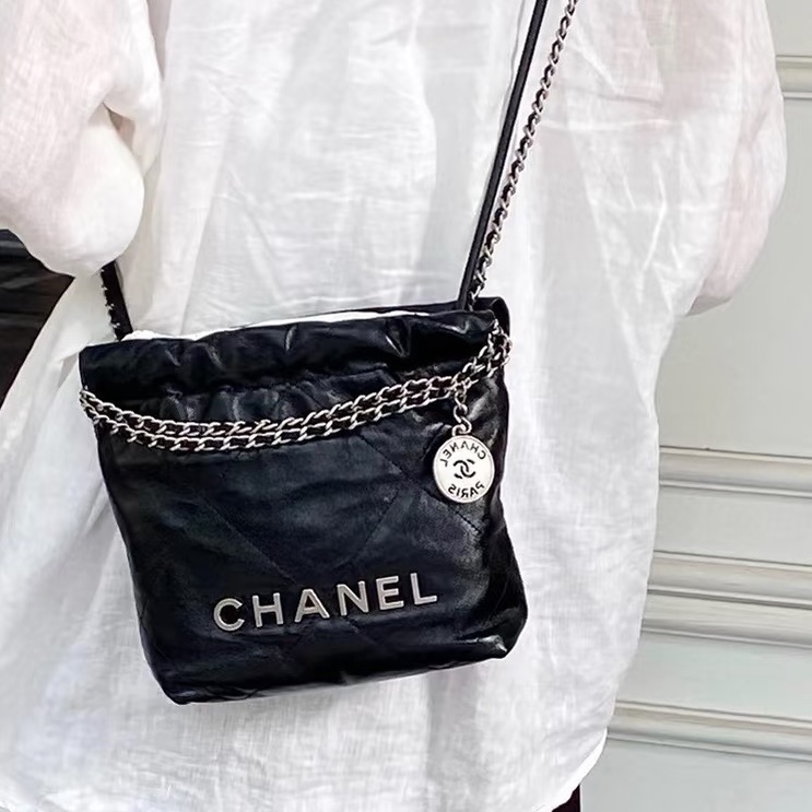 熱門瘋搶款😍99新🆕Chanel香奈兒黑銀迷你22bag mini垃圾袋單肩斜挎包-2