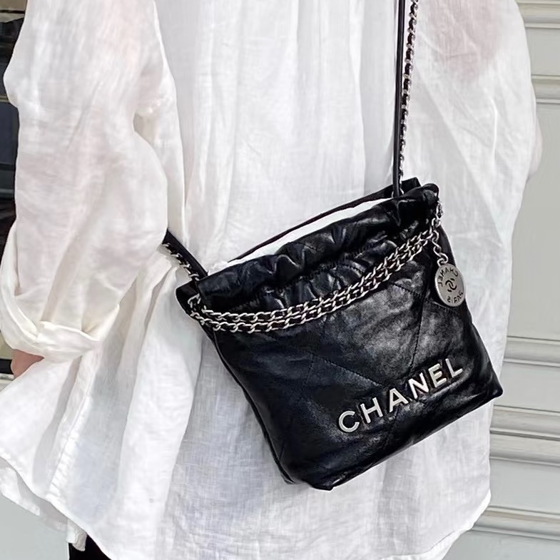 熱門瘋搶款😍99新🆕Chanel香奈兒黑銀迷你22bag mini垃圾袋單肩斜挎包-3