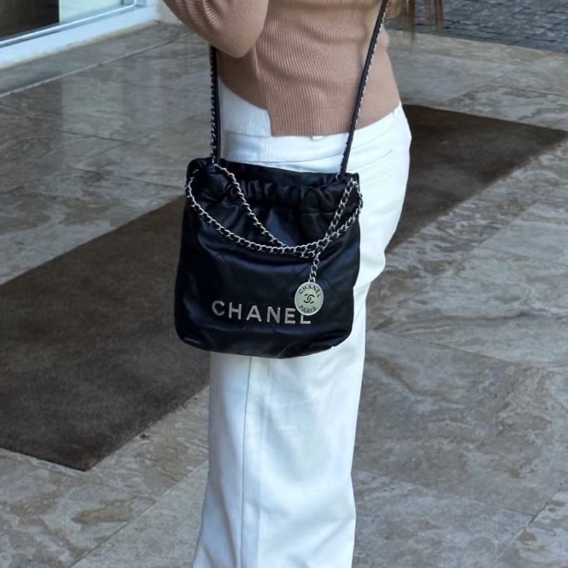 熱門瘋搶款😍99新🆕Chanel香奈兒黑銀迷你22bag mini垃圾袋單肩斜挎包-4