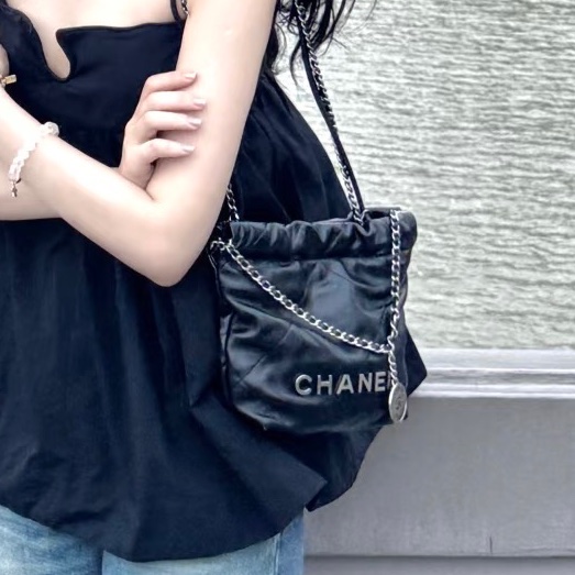 熱門瘋搶款😍99新🆕Chanel香奈兒黑銀迷你22bag mini垃圾袋單肩斜挎包-5