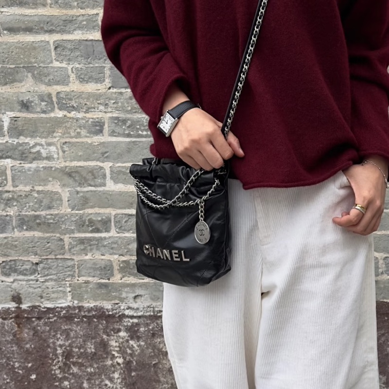 熱門瘋搶款😍99新🆕Chanel香奈兒黑銀迷你22bag mini垃圾袋單肩斜挎包-6