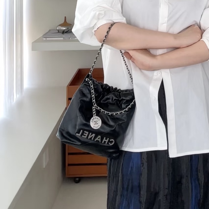 熱門瘋搶款😍99新🆕Chanel香奈兒黑銀迷你22bag mini垃圾袋單肩斜挎包-7