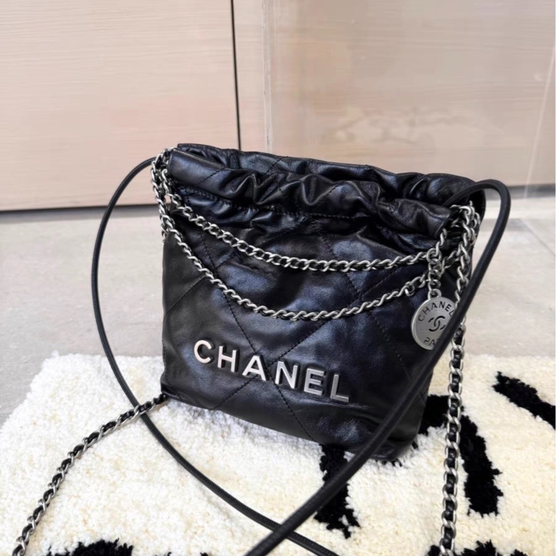 熱門瘋搶款😍99新🆕Chanel香奈兒黑銀迷你22bag mini垃圾袋單肩斜挎包-9