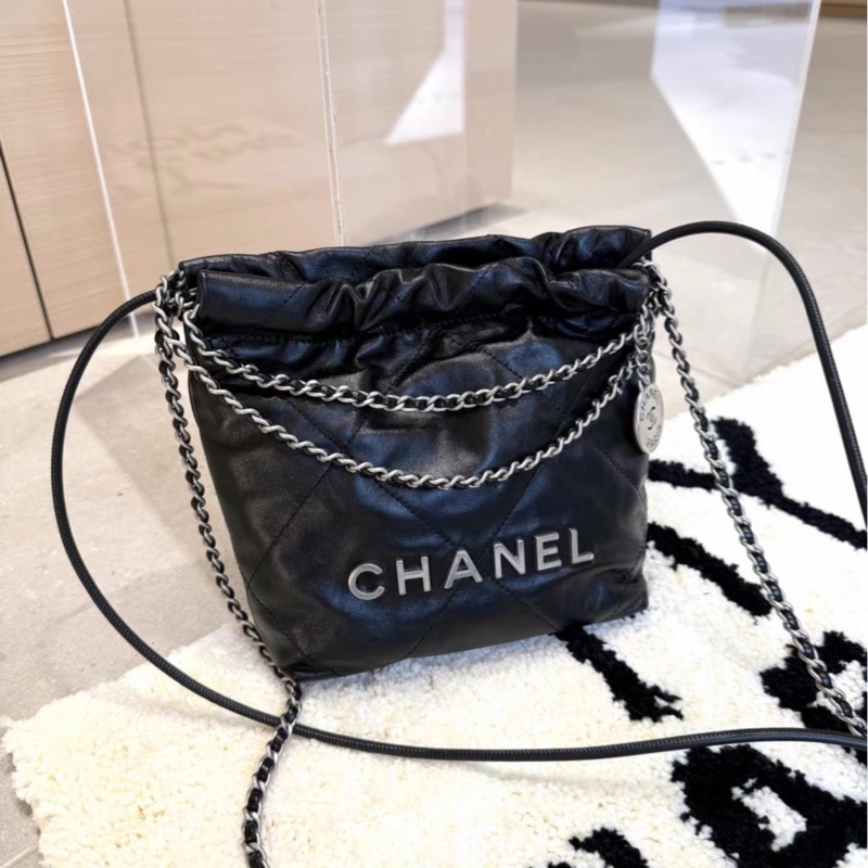 熱門瘋搶款😍99新🆕Chanel香奈兒黑銀迷你22bag mini垃圾袋單肩斜挎包-10