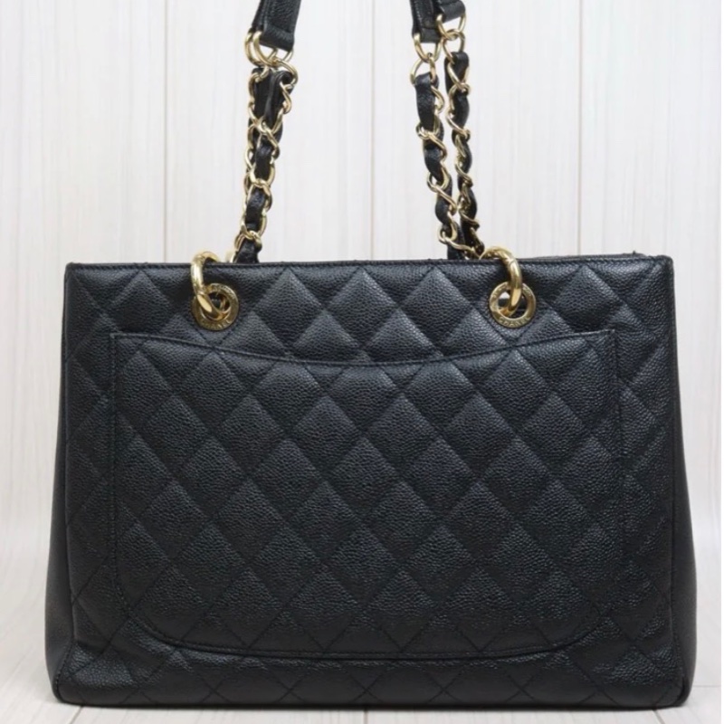 「JL精品代購」98新 香奈兒GST黑金荔枝牛皮托特包-3