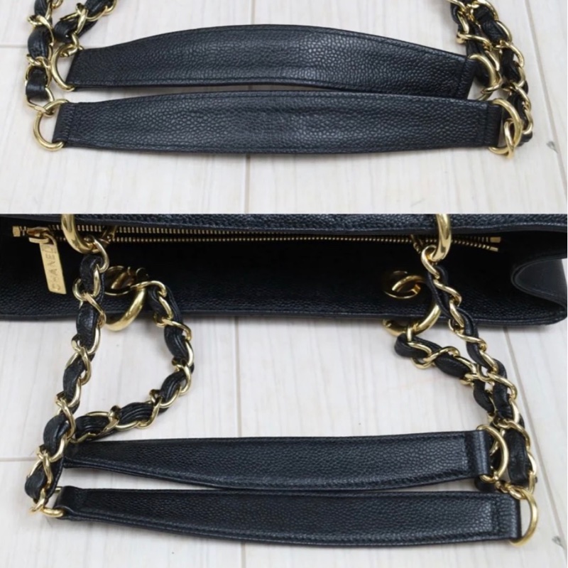 「JL精品代購」98新 香奈兒GST黑金荔枝牛皮托特包-5