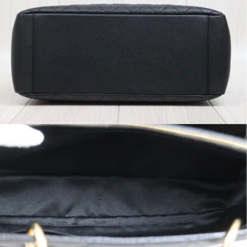 「JL精品代購」98新 香奈兒GST黑金荔枝牛皮托特包-6