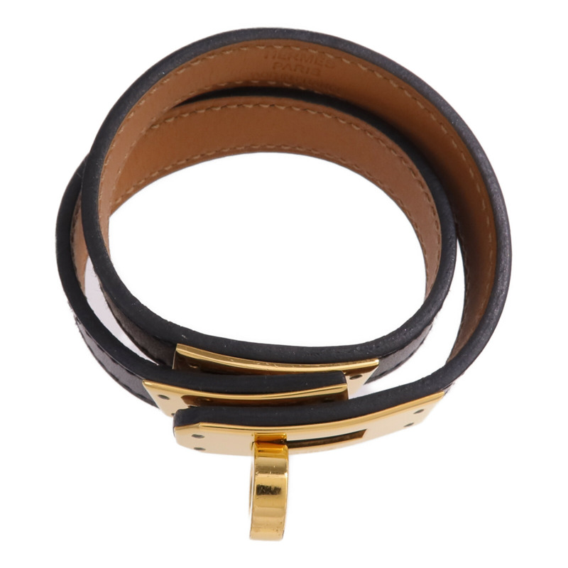 HERMES Box Calf皮革Kelly Double Bracelet金扣手鐲Noir-3