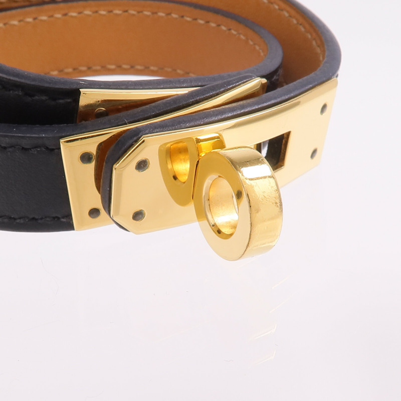HERMES Box Calf皮革Kelly Double Bracelet金扣手鐲Noir-4