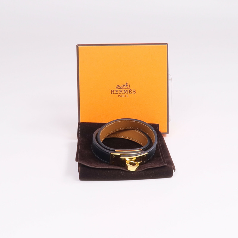 HERMES Box Calf皮革Kelly Double Bracelet金扣手鐲Noir-10