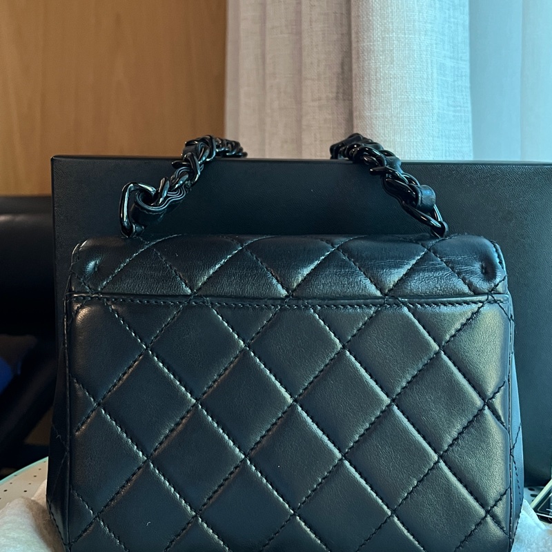 香奈兒CHANEL So Black 中古包 稀有全黑系列側背老香 方胖粗背帶肩背款-11