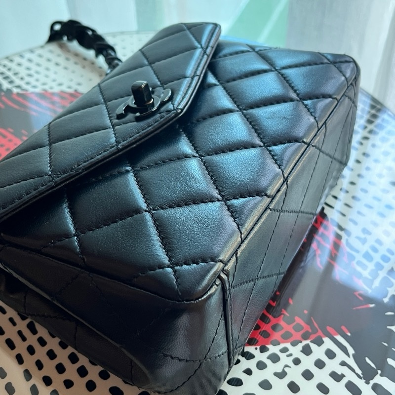 香奈兒CHANEL So Black 中古包 稀有全黑系列側背老香 方胖粗背帶肩背款-15