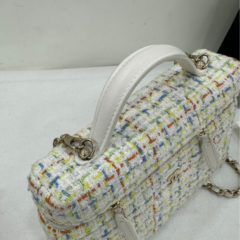 Chanel 香奈兒 25C 白色金扣毛呢LP便當盒 有購證-5