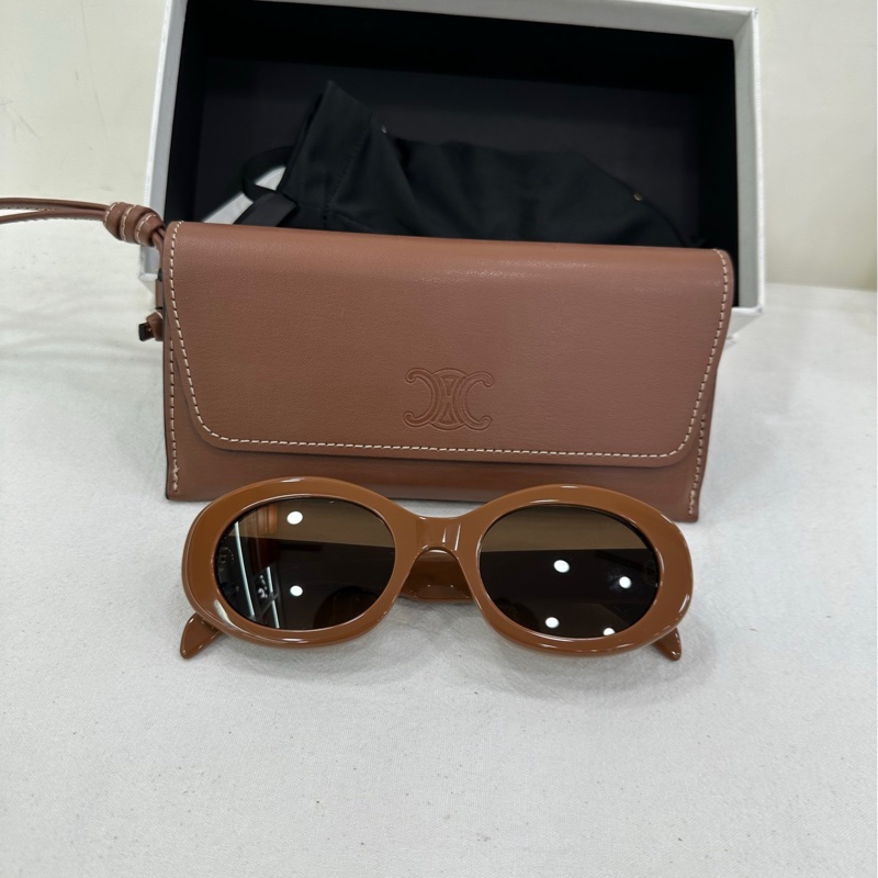 Celine赛琳新款焦糖色椭圆猫眼小框太阳镜-0