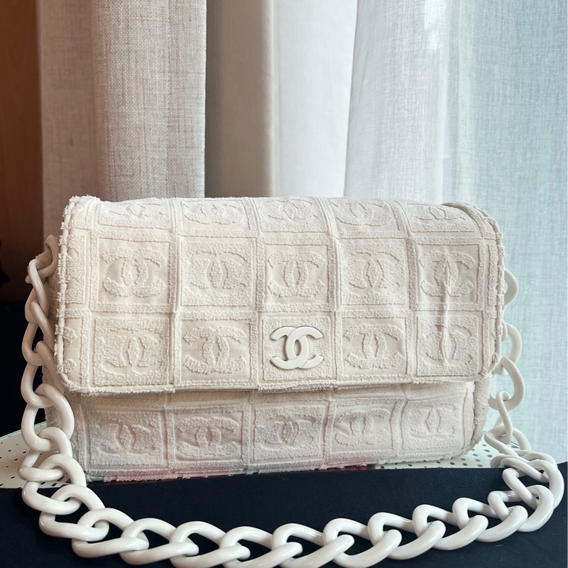 香奈兒 CHANEL 白色粗鍊時髦肩背包 棉布質老香 中古包 罕見膠鍊古董包-5