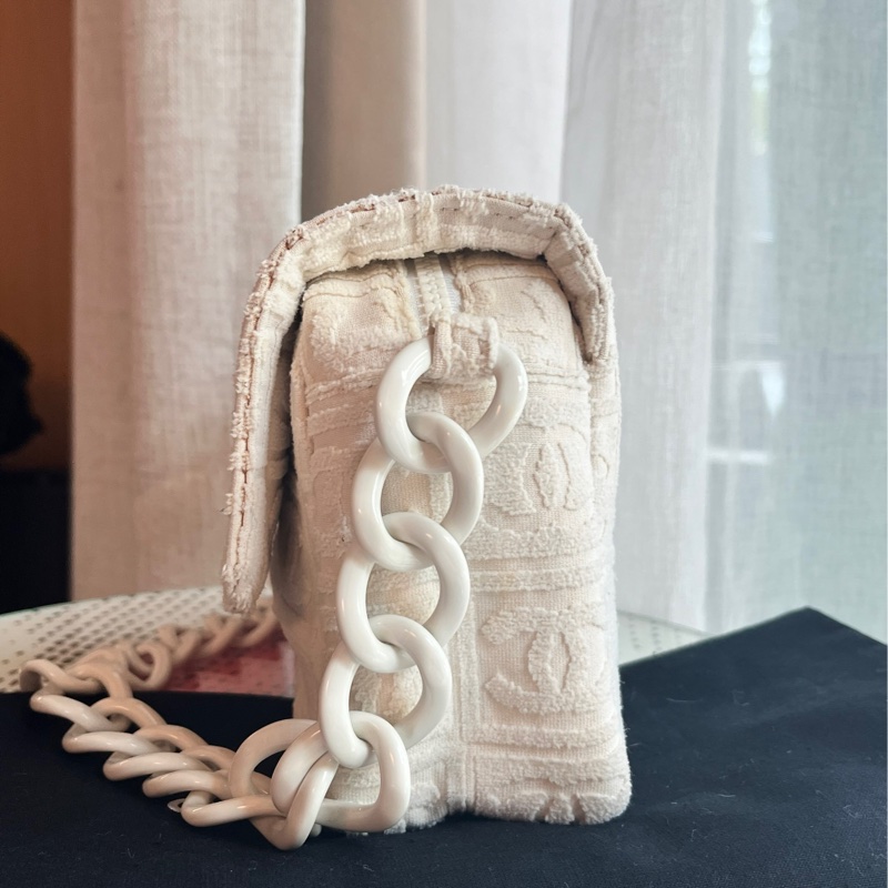 香奈兒 CHANEL 白色粗鍊時髦肩背包 棉布質老香 中古包 罕見膠鍊古董包-8