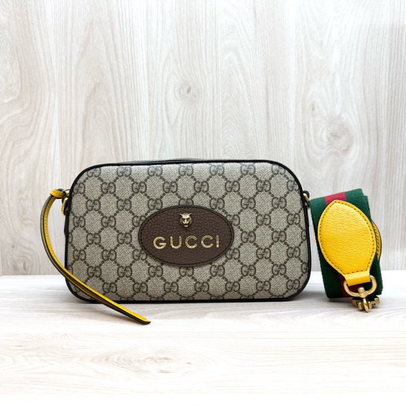 GUCCI老花虎頭綠紅綠背帶側背包 476466-1