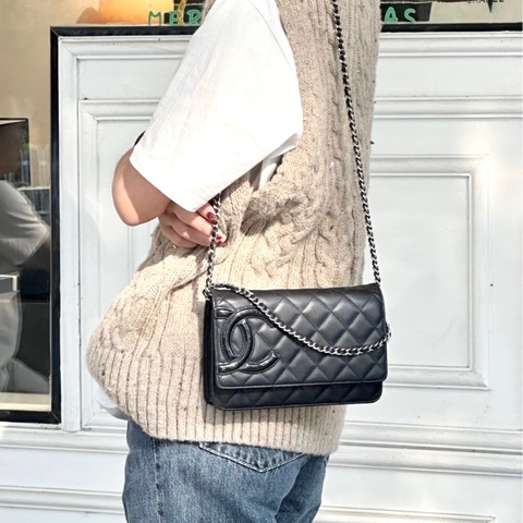 Chanel黑銀小牛皮康朋Woc鏈包