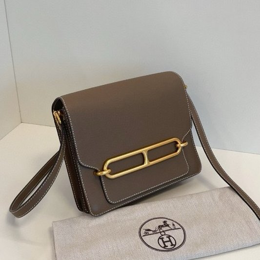 閒置新 Hermes愛馬仕 經典Roulis豬鼻子23 大象灰金扣肩背包-2