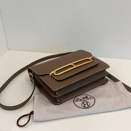 閒置新 Hermes愛馬仕 經典Roulis豬鼻子23 大象灰金扣肩背包-5