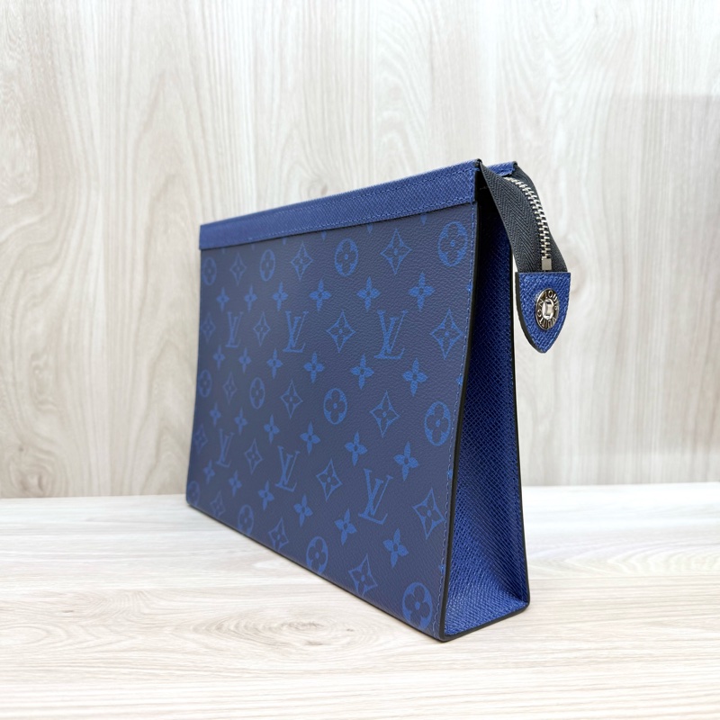 LV海洋藍色牛皮銀鍊Pochette Voyage MM手拿包M30423-2