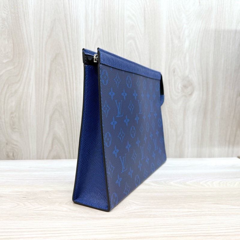 LV海洋藍色牛皮銀鍊Pochette Voyage MM手拿包M30423-4