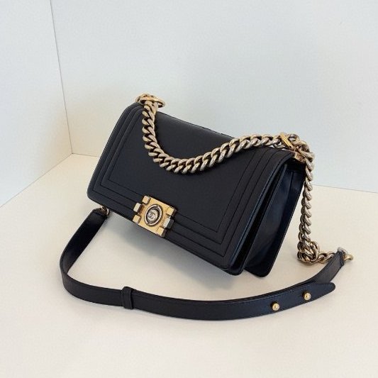 香奈兒/Chanel Leboy 黑金牛皮中號 浮雕字母logo鏈條包-2