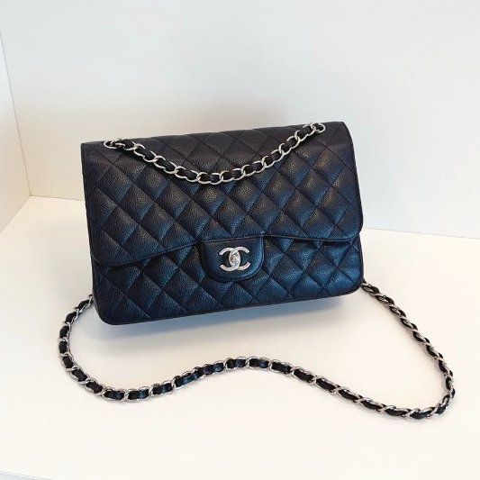 香奈兒/Chanel 黑銀荔枝皮雙蓋CF Jumbo鏈條包-0