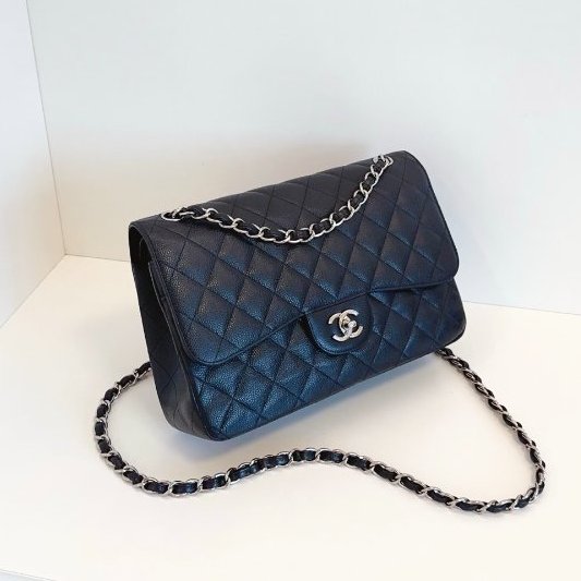 香奈兒/Chanel 黑銀荔枝皮雙蓋CF Jumbo鏈條包-1