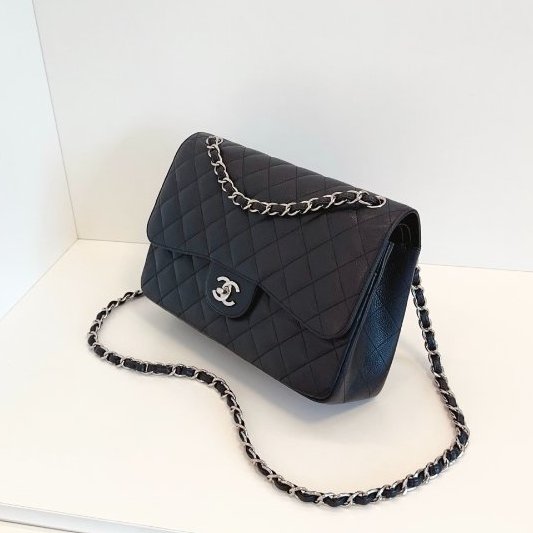 香奈兒/Chanel 黑銀荔枝皮雙蓋CF Jumbo鏈條包-2