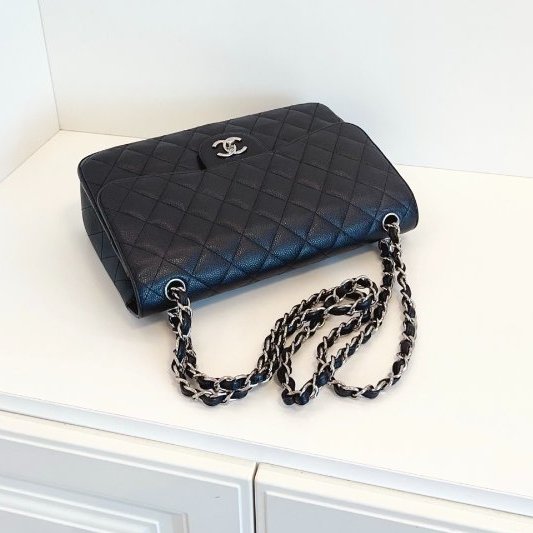 香奈兒/Chanel 黑銀荔枝皮雙蓋CF Jumbo鏈條包-4