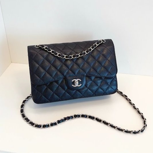 香奈兒/Chanel 黑銀荔枝皮雙蓋CF Jumbo鏈條包-5