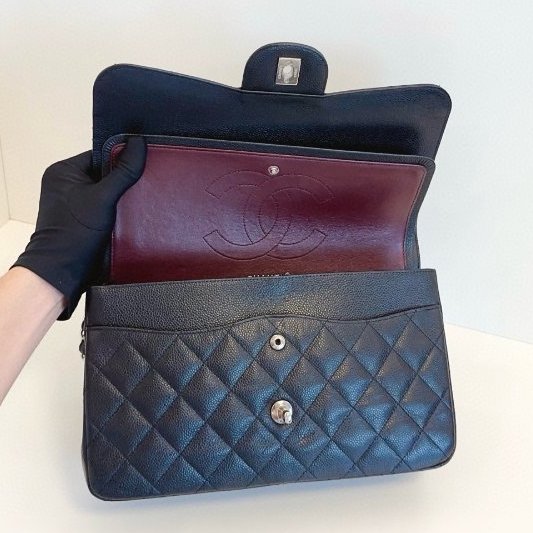 香奈兒/Chanel 黑銀荔枝皮雙蓋CF Jumbo鏈條包-8