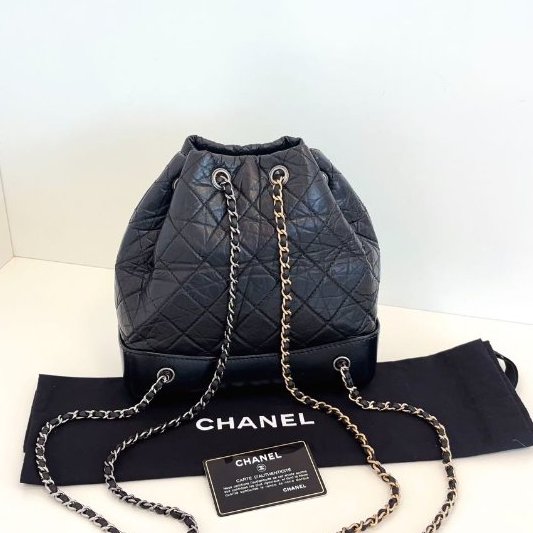 香奈兒/Chanel Gabrielle全黑色流浪小號後背包 經典金銀鴛鴦皮穿鏈條皺褶菱格牛皮-7
