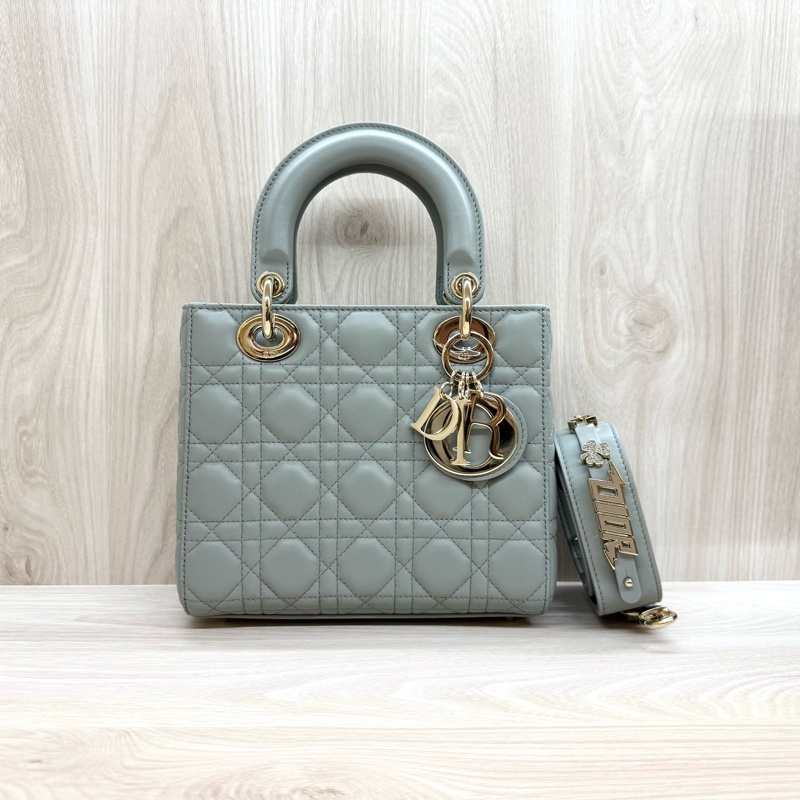 DIOR霧霾藍灰藤格紋小牛皮Lady Dior黛妃包M0538-2