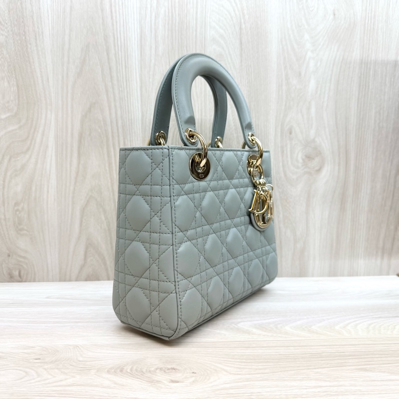 DIOR霧霾藍灰藤格紋小牛皮Lady Dior黛妃包M0538-5