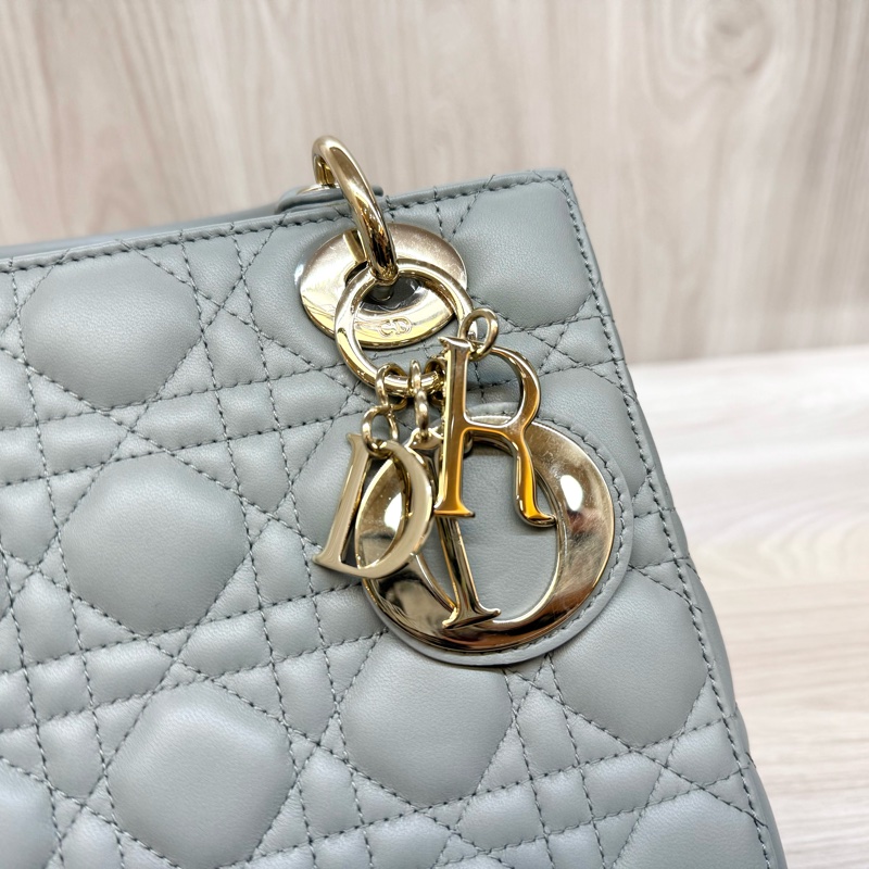 DIOR霧霾藍灰藤格紋小牛皮Lady Dior黛妃包M0538-19