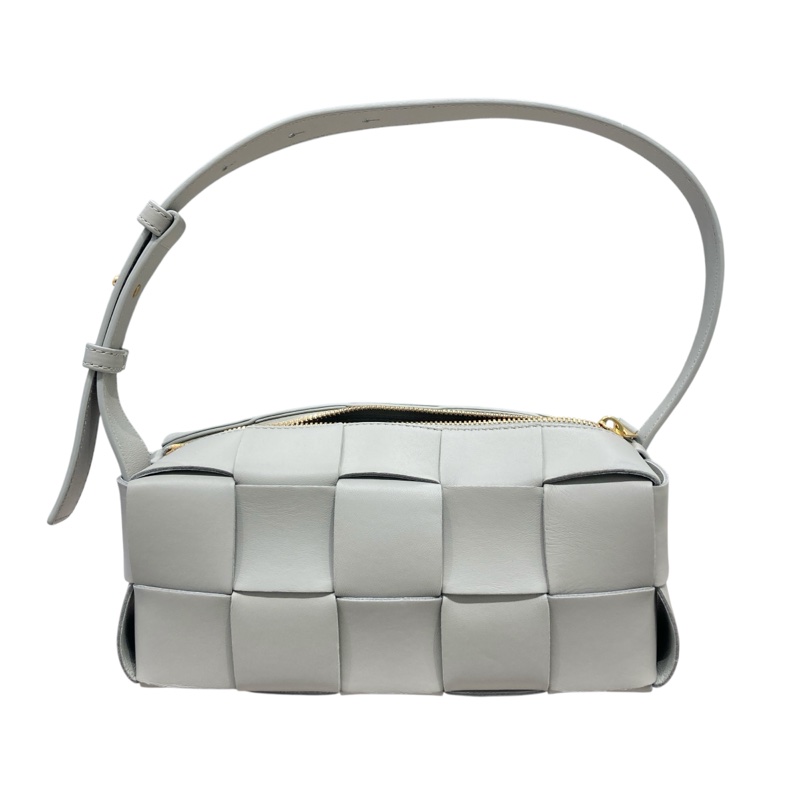 BOTTEGA VENETA 寶緹嘉 SMALL BRICK CASSETTE HOBO BAG 編織格紋肩背包 羊皮 灰色 金釦-0