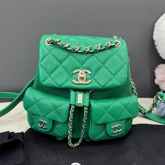 近新品 香奈兒/Chanel 荔枝紋牛皮綠色金扣Duma青蛙小號後背包 芯片款-0