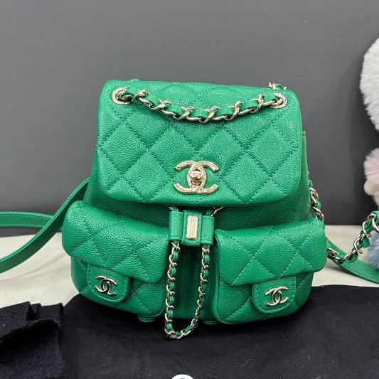 近新品 香奈兒/Chanel 荔枝紋牛皮綠色金扣Duma青蛙小號後背包 芯片款-6