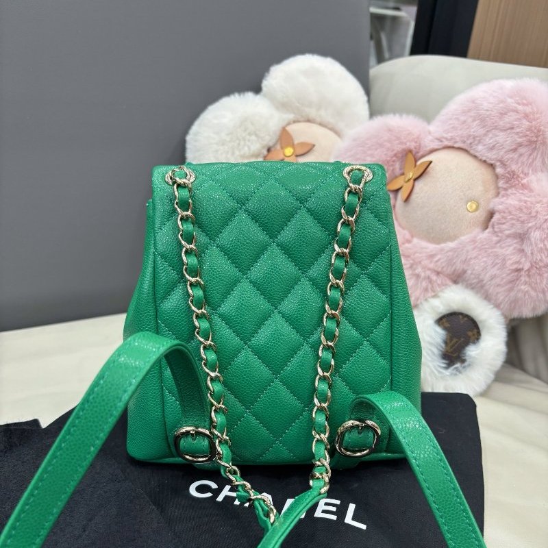 近新品 香奈兒/Chanel 荔枝紋牛皮綠色金扣Duma青蛙小號後背包 芯片款-7