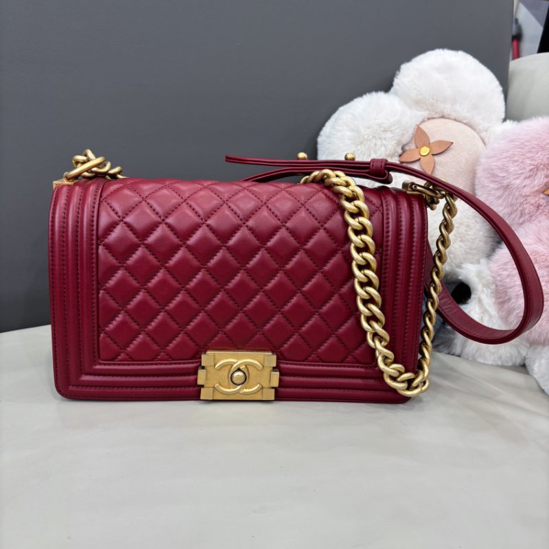 香奈兒/Chanel 酒紅色金扣leboy中號牛皮鏈條包-6