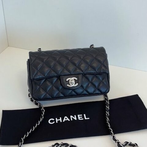 香奈兒/Chanel 黑銀荔枝皮CF大mini 口蓋鏈條包