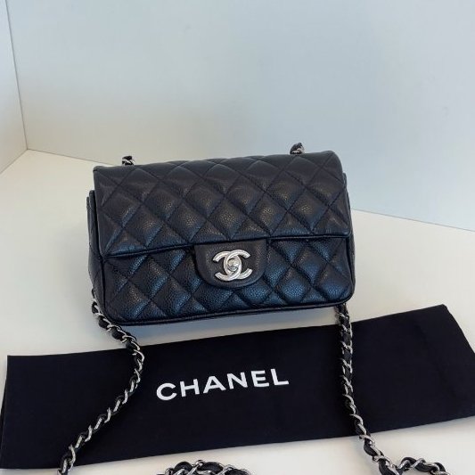 香奈兒/Chanel 黑銀荔枝皮CF大mini 口蓋鏈條包-0