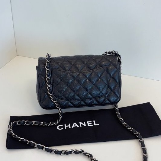 香奈兒/Chanel 黑銀荔枝皮CF大mini 口蓋鏈條包-1