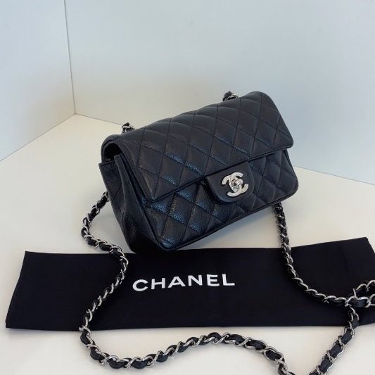 香奈兒/Chanel 黑銀荔枝皮CF大mini 口蓋鏈條包-2