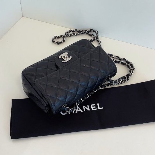 香奈兒/Chanel 黑銀荔枝皮CF大mini 口蓋鏈條包-4