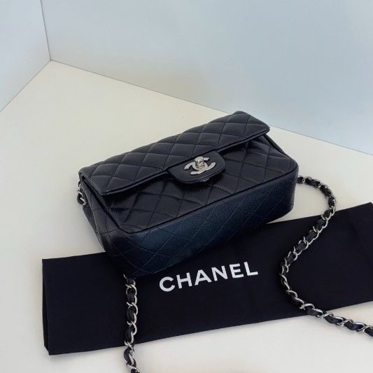 香奈兒/Chanel 黑銀荔枝皮CF大mini 口蓋鏈條包-5