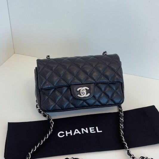 香奈兒/Chanel 黑銀荔枝皮CF大mini 口蓋鏈條包-6